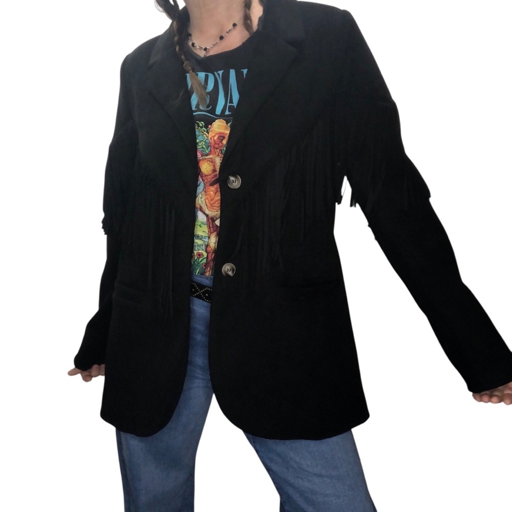 Blue B Coll. Faux Suede Fringe Rivets Jacket Sz M Black Rock Western Rockabilly